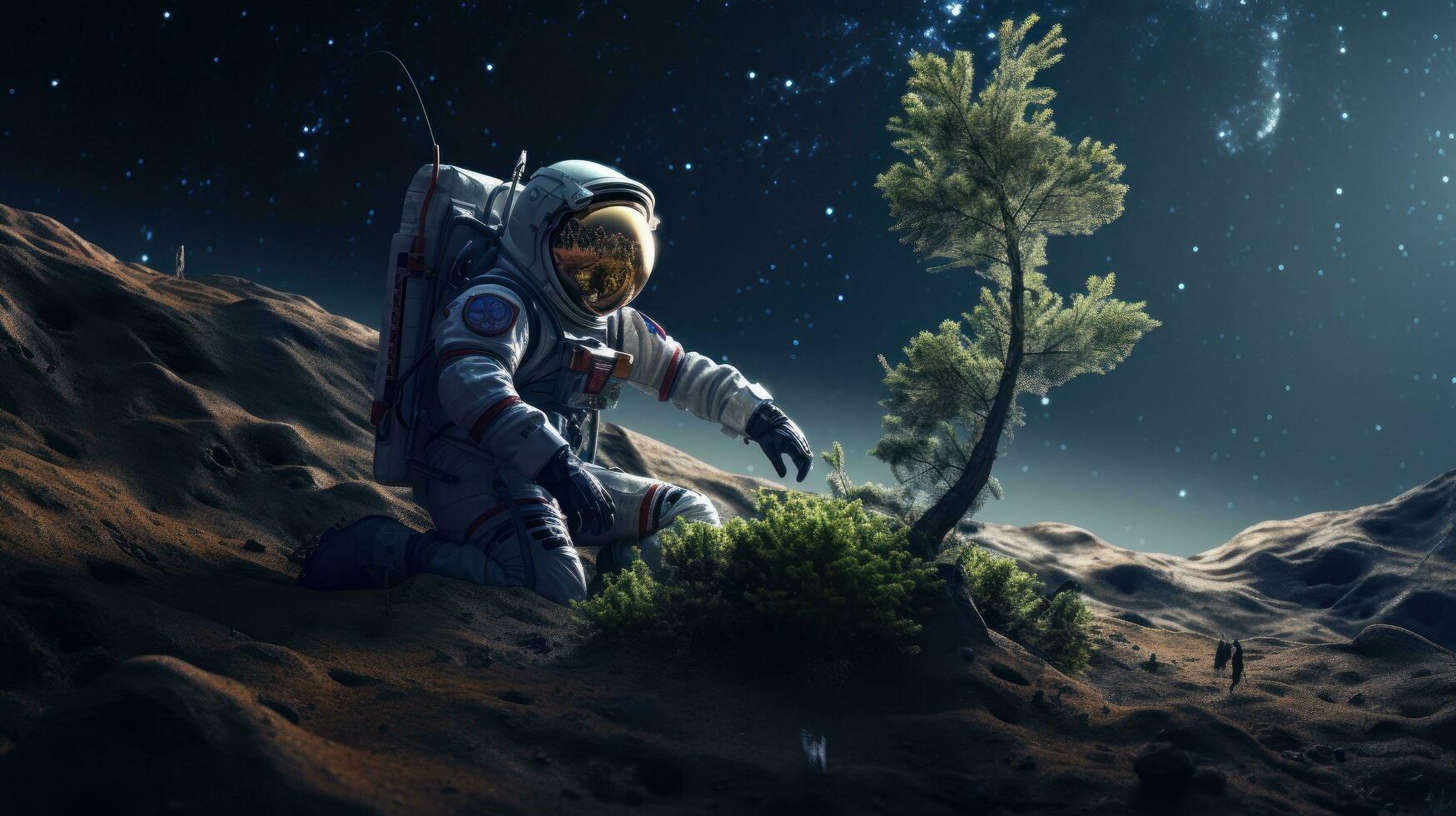 AI generated An astronaut plants a tree on moon. Science fiction, Space exploration photo