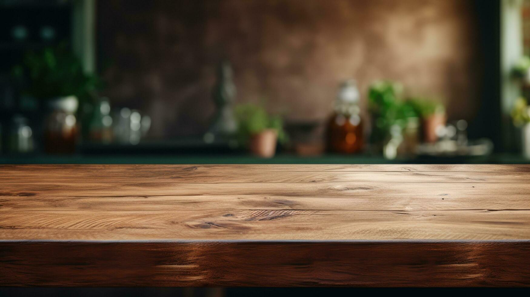 AI generated Empty wooden table in the kitchen for montage product display, showcase, presentation and design photo