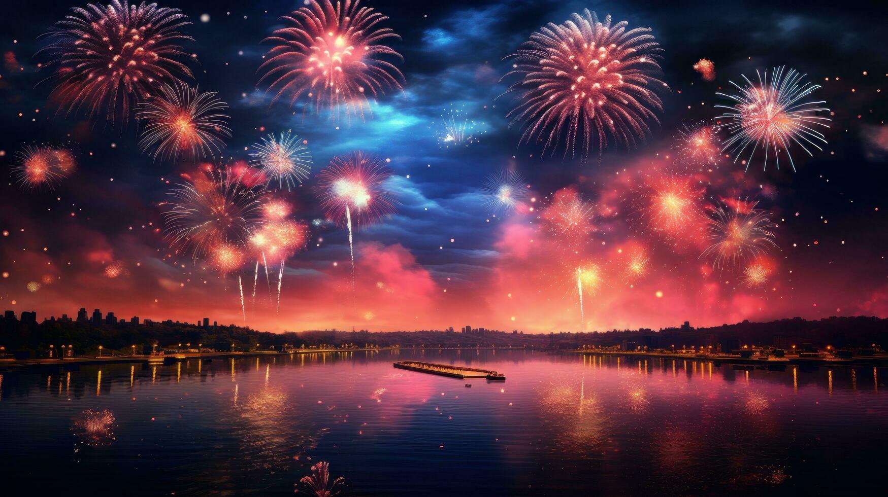 AI generated Wonderful colorful fireworks exploding on night sky backgroundwith free space for design, Happy new year or holiday celebration photo