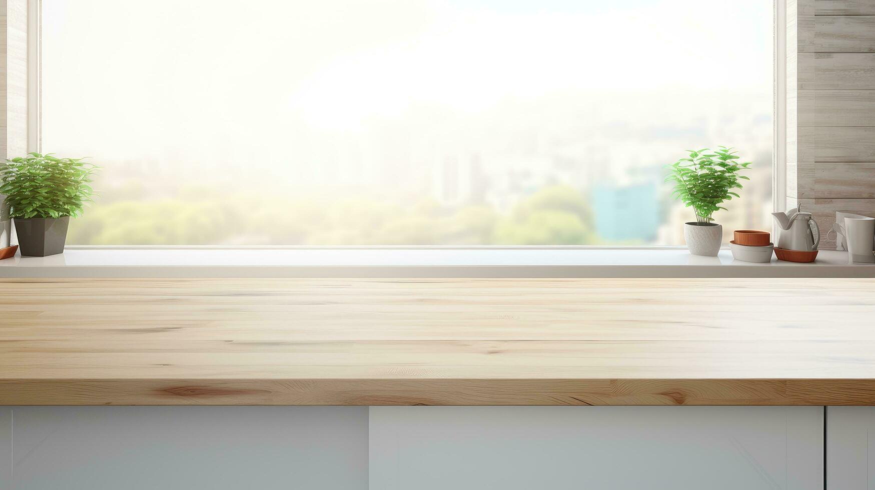 AI generated Empty wooden table in the kitchen for montage product display, showcase, presentation and design photo