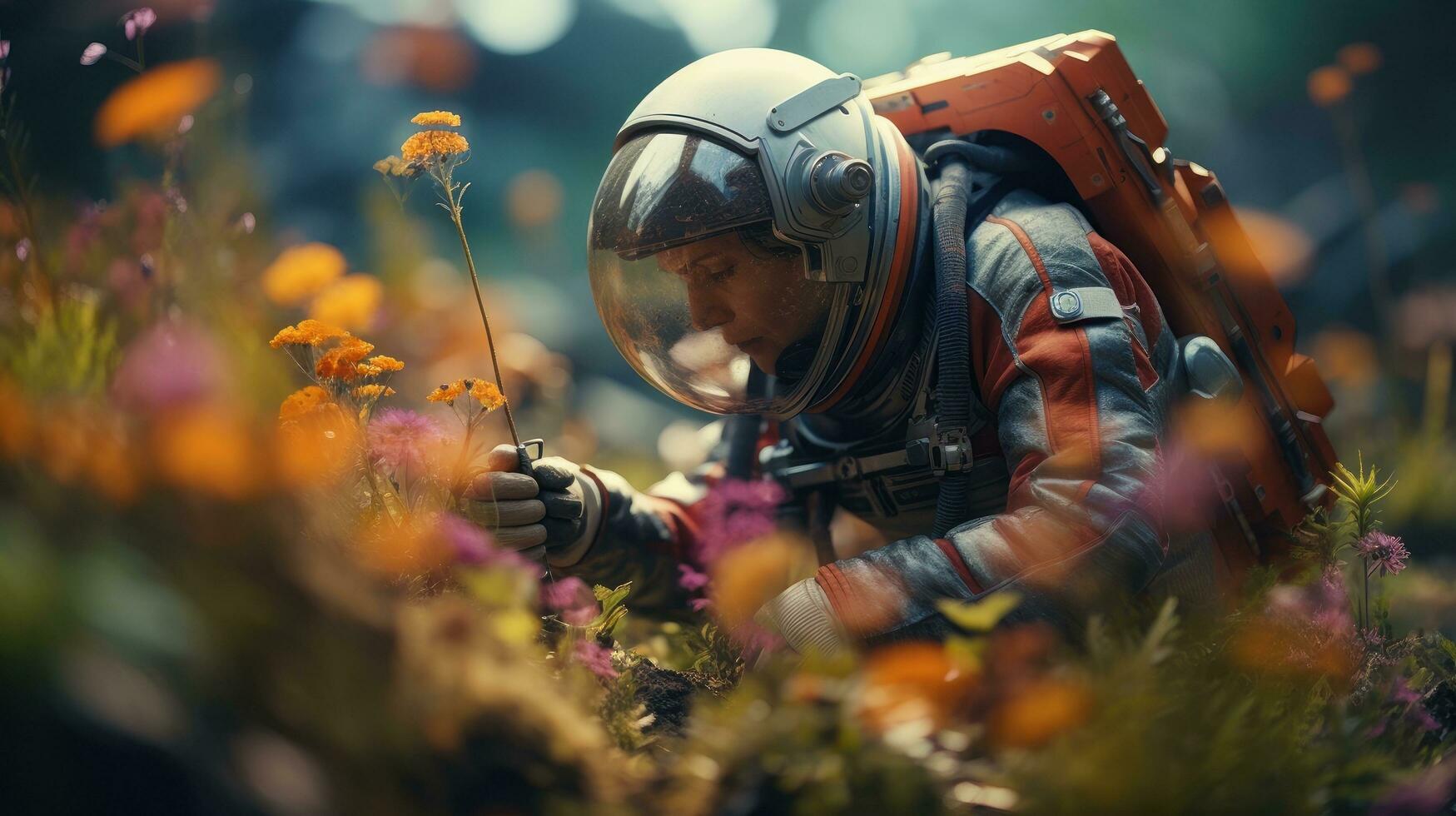 AI generated An astronaut exploring and researching a variety of plants on other planet. Science fiction, Space photo