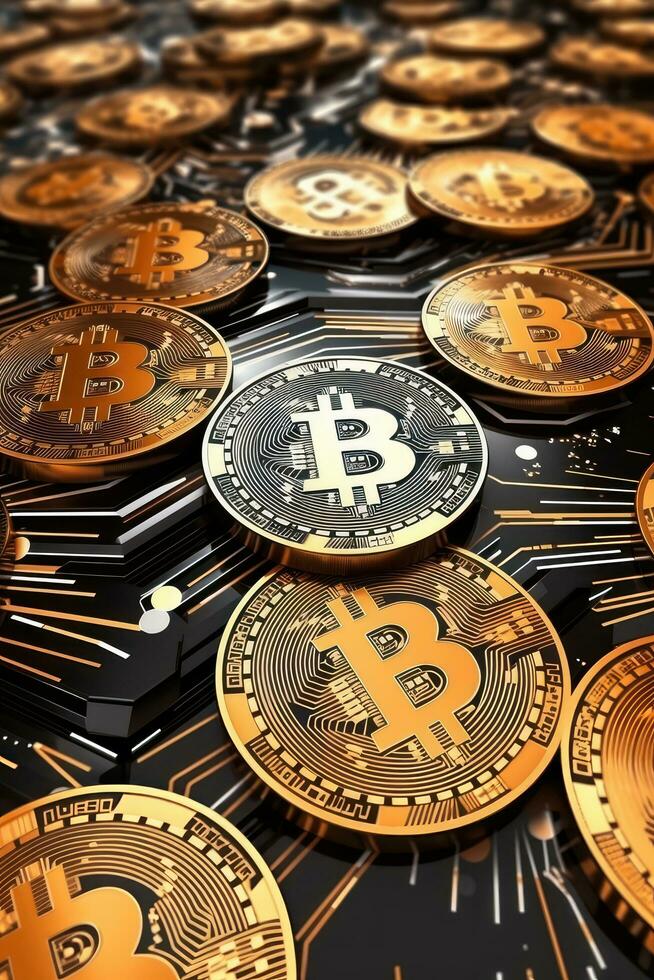 AI generated Golden bitcoin background. Cryptocurrency trading, Financial investment concept, Digital money blockchain technology photo