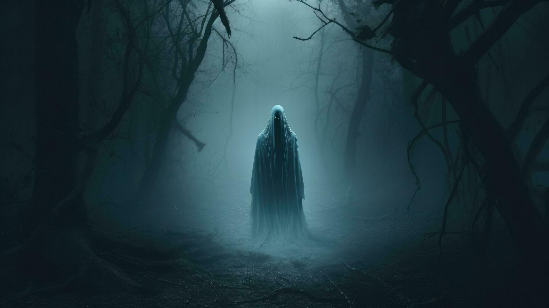 AI generated Scary Ghost in the Spooky Jungle at Dark Night Background photo