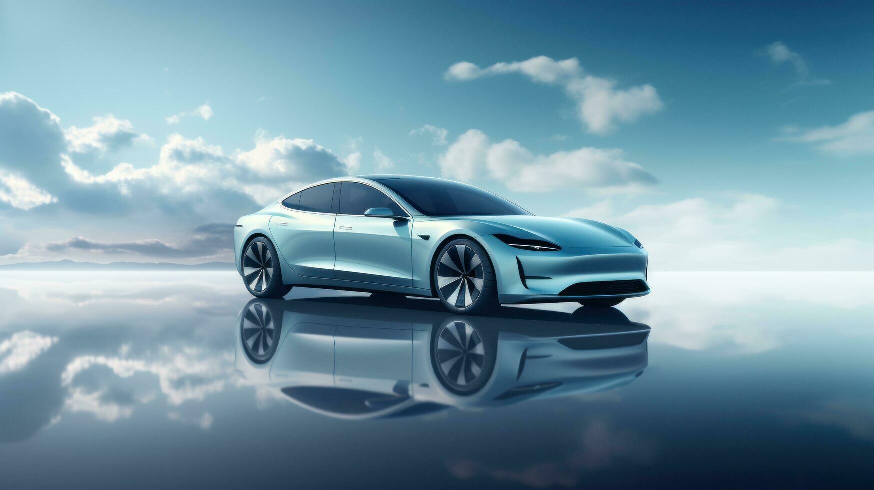 AI generated Electric vehicle car or EV car on cloudy blue sky background. Sustainable and renewable energy concept photo