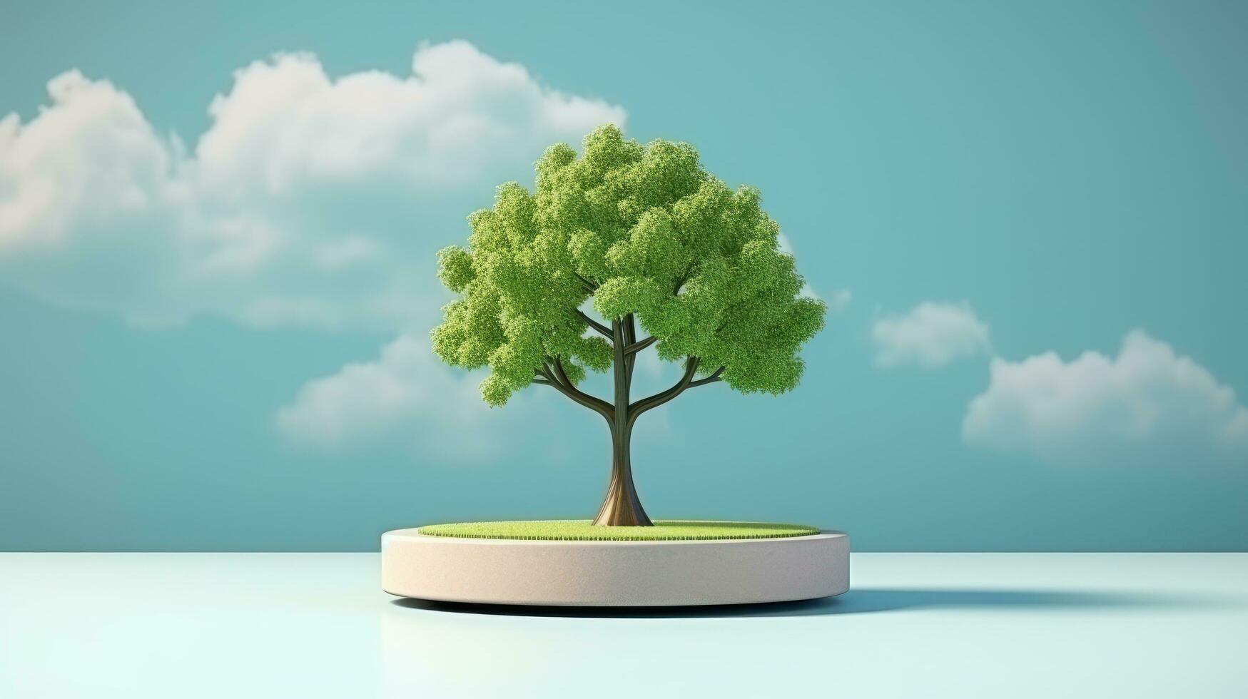 AI generated Tree growth on podium and standing on blue background. advertising design photo
