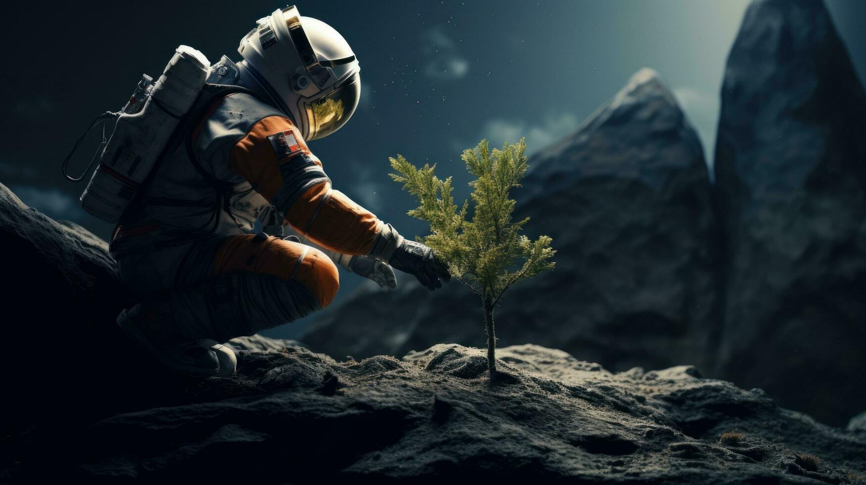 AI generated An astronaut plants a tree on moon. Science fiction, Space exploration photo