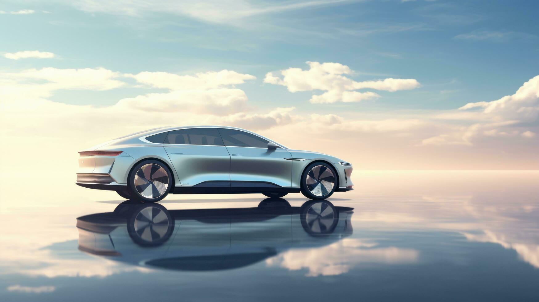 AI generated Electric vehicle car or EV car on cloudy blue sky background. Sustainable and renewable energy concept photo