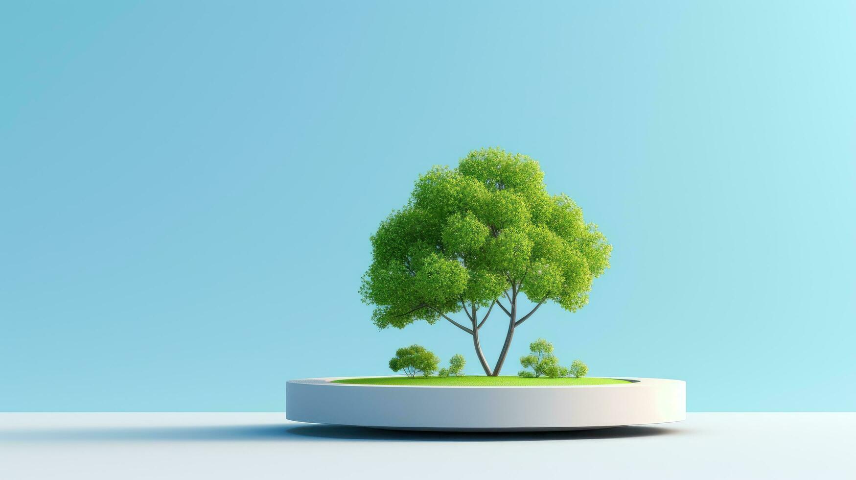 AI generated Tree growth on podium and standing on blue background. advertising design photo