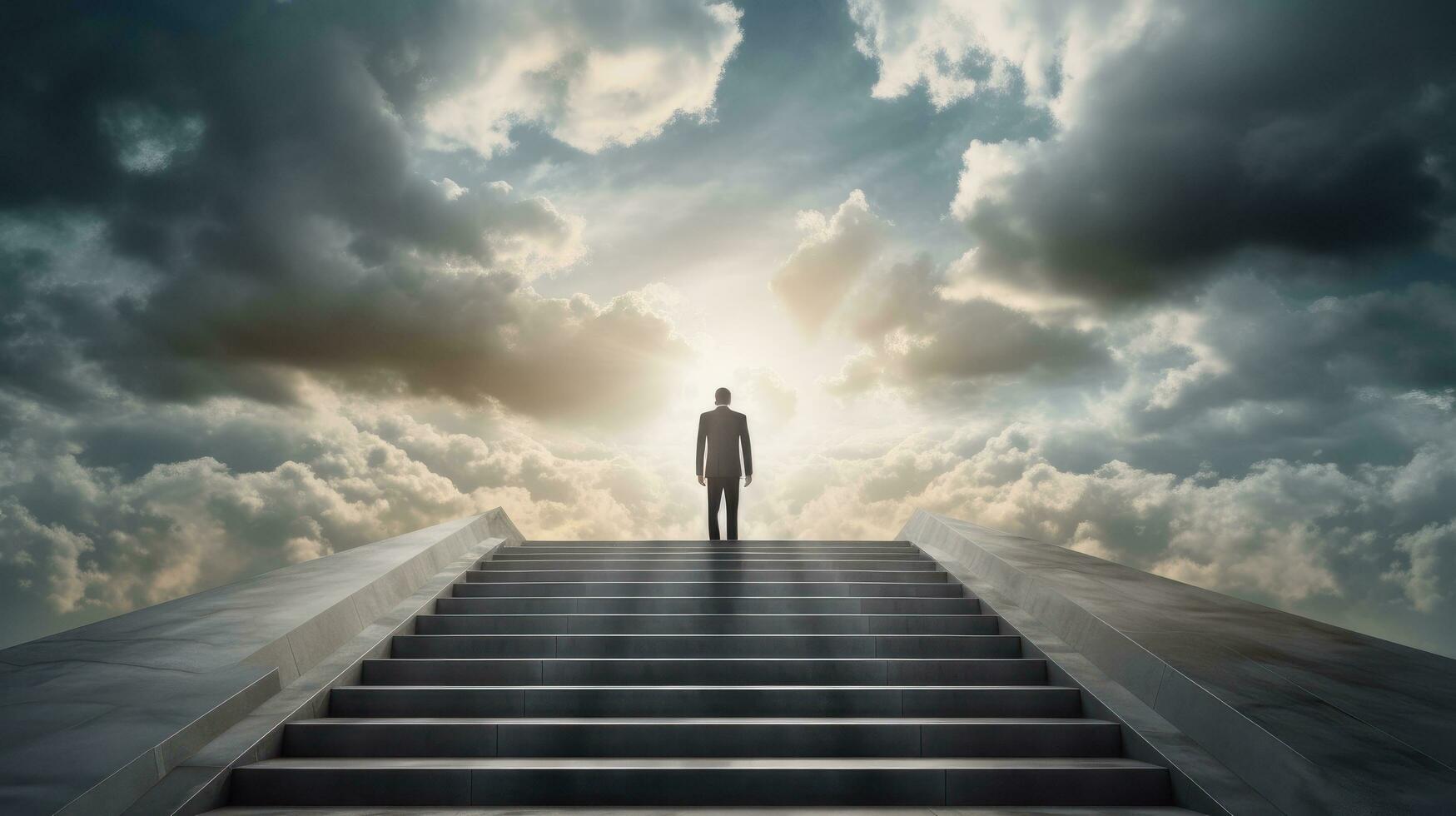 AI generated Businessman standing on top of stair cloudy sky background. Business goal and success concept, achievement, leadership photo