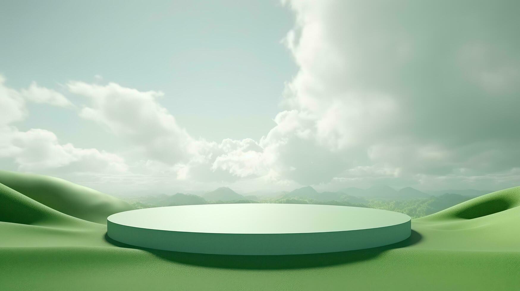 AI generated Empty podium for cosmetic showcase, scene for product exhibition, display, presentation. green field and blue sky background photo