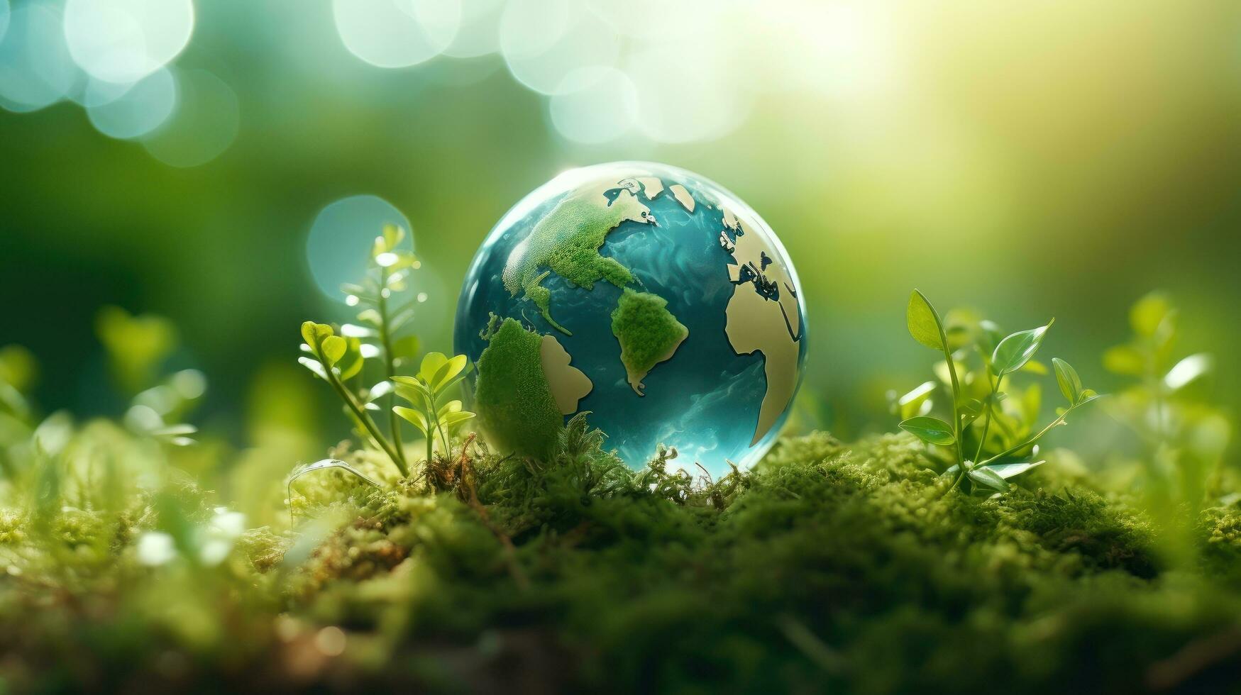 AI generated Eco Friendly Earth on Green Nature Bokeh Background. Planet Globe Earth for Nature Protection, Earth Day, World Environment Day, Save th World. Zero Carbon Dioxide Emissions photo