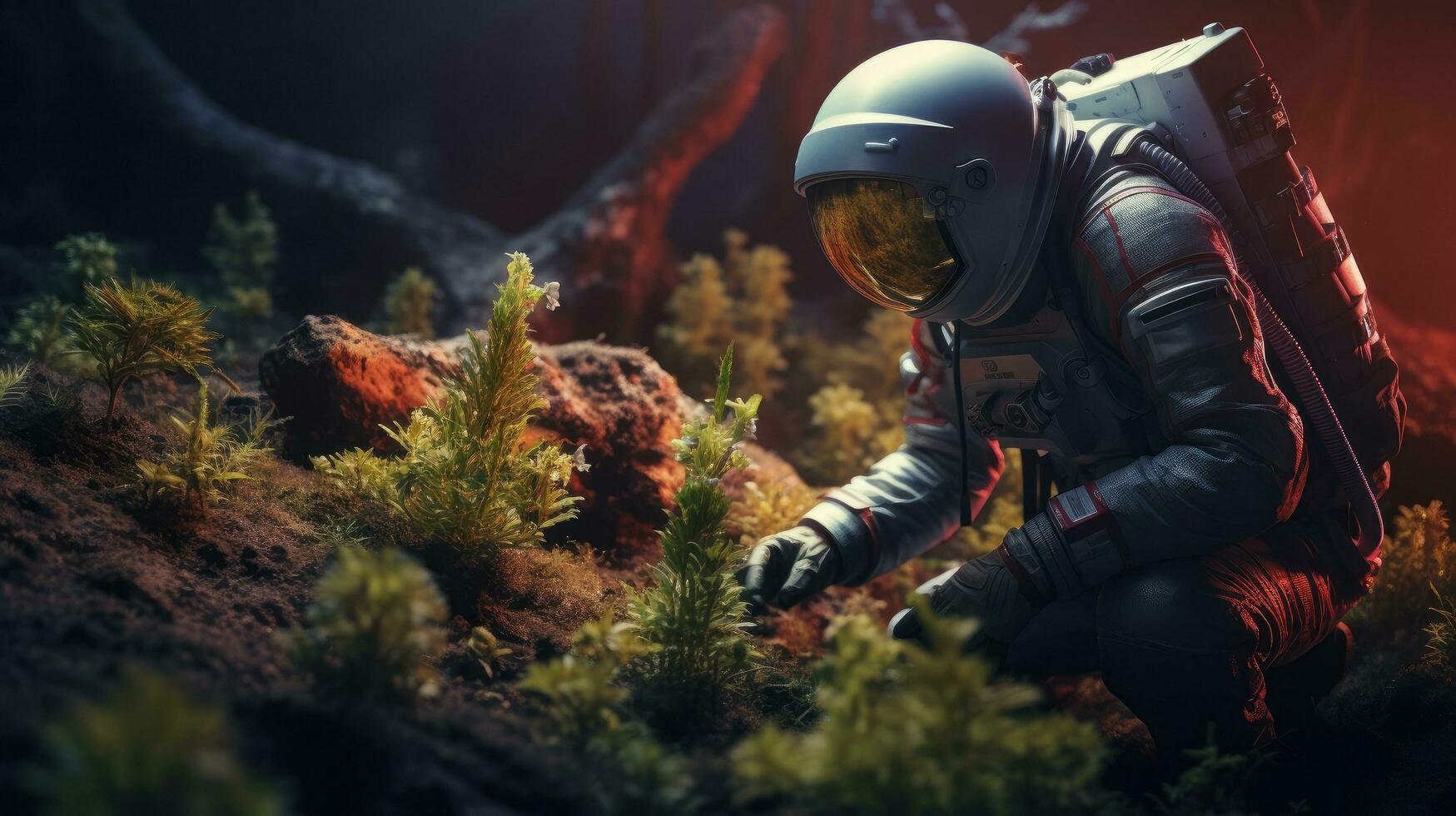 AI generated An astronaut exploring and researching a variety of plants on other planet. Science fiction, Space photo