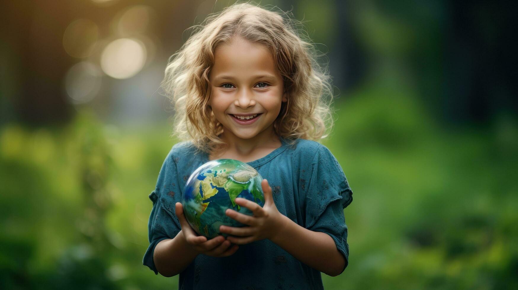 AI generated Happy Girl Hugging Planet Earth. Kid Embracing Globe Earth for World Protection, Earth Day, World Environment Day, Save th World. Zero Carbon Dioxide Emissions photo