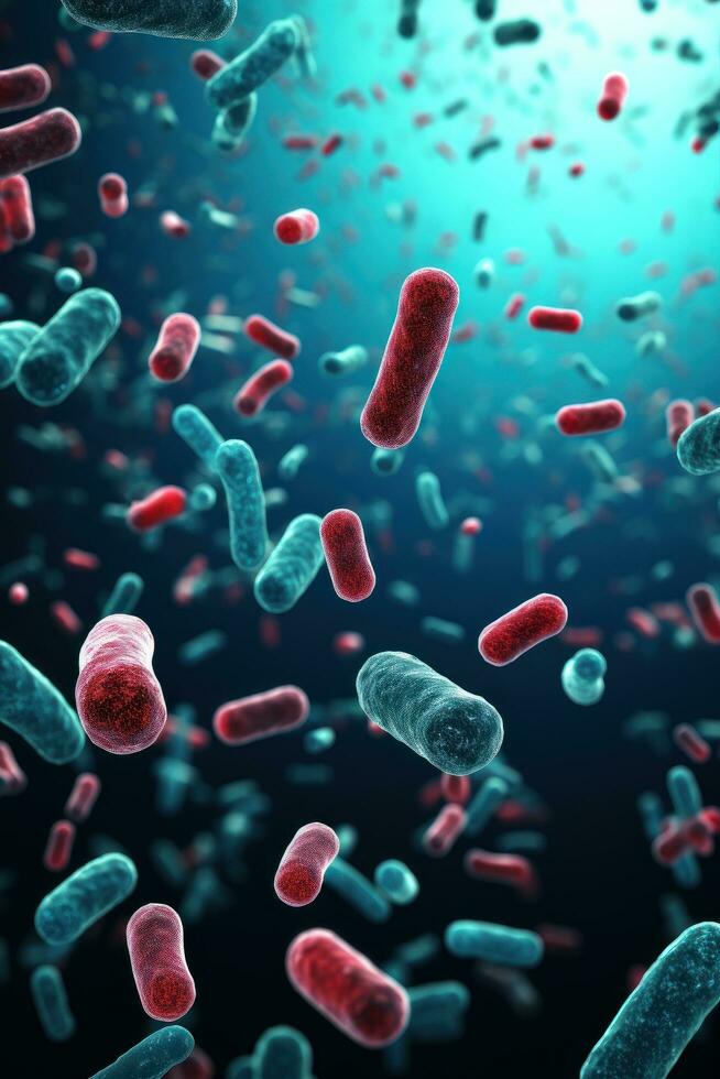 ai generado cerca arriba de microscópico bacterias ilustración. científico, intestino bacterias, bacterias en digestivo sistema foto