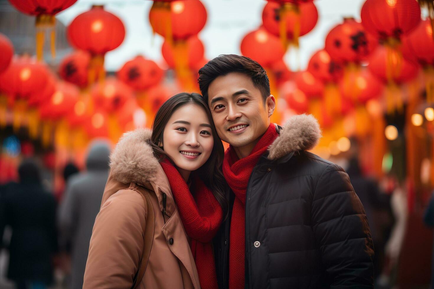 ai generado contento asiático Pareja celebrando chino nuevo año al aire libre foto