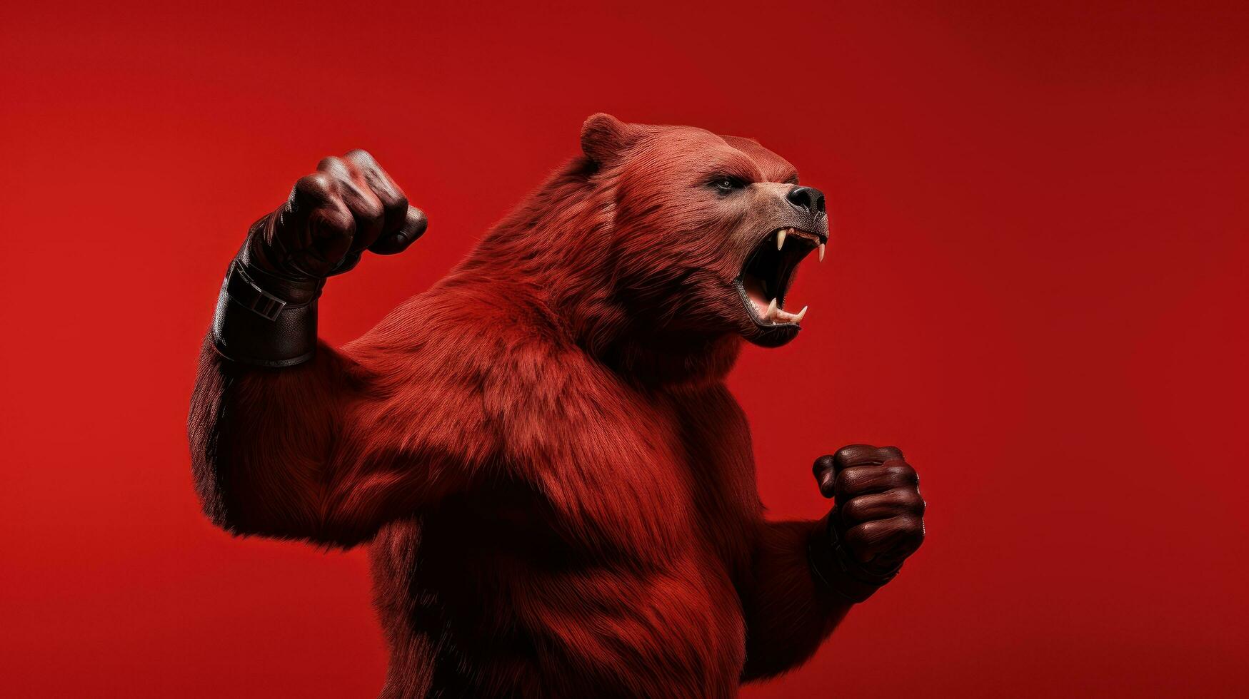 AI generated Muscle bear gesture fist pump, Bear showing fighting pose on red background, Bearish divergence in stock market and cryptocurrency trading photo