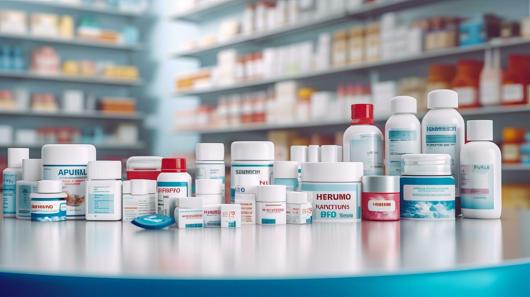 AI generated Pharmacy drugstore retail. Healthcare products, Medicine, Drugs, Vitamins, Wellness photo