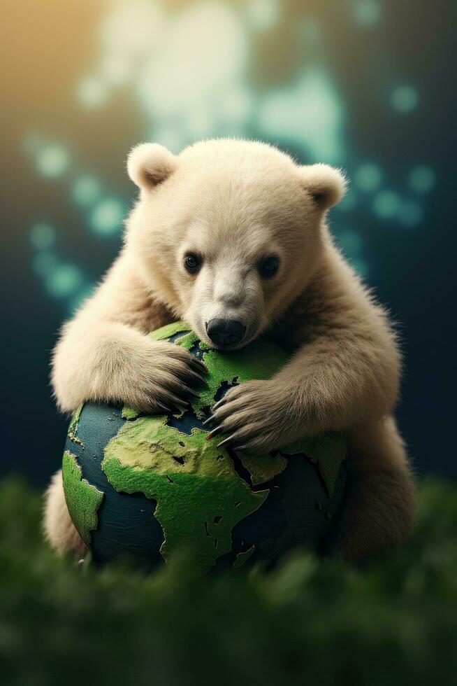 AI generated Bear Hugging Embracing Planet Globe Earth for Nature Protection, Earth Day, World Environment Day, Save th World. Zero Carbon Dioxide Emissions photo