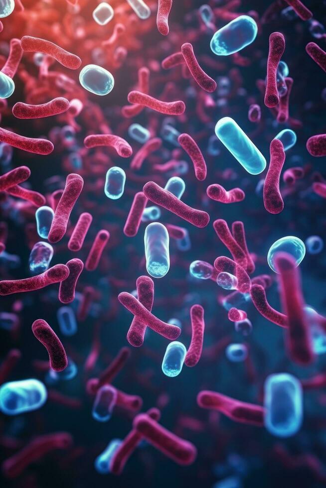 AI generated Close up of microscopic bacteria illustration. Scientific, Gut bacteria, Bacteria in digestive system photo