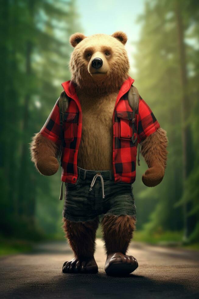AI generated Bear wearing a red lumberjack shirt on green nature background photo