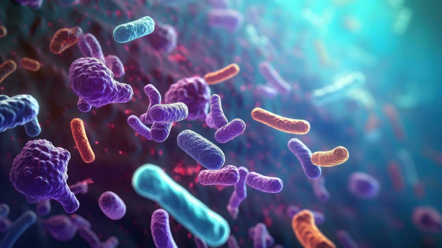 ai generado cerca arriba de microscópico bacterias ilustración. científico, intestino bacterias, bacterias en digestivo sistema foto