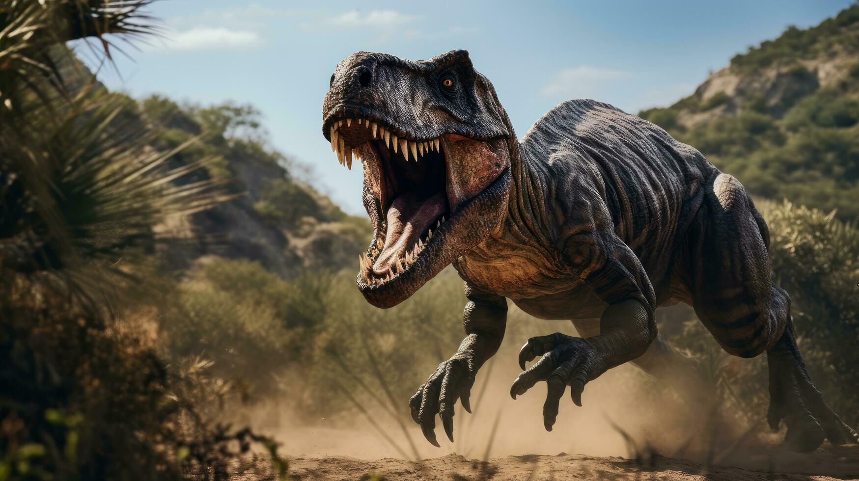 AI generated Tyrannosaurus Rex in the Green Prehistoric Jungle Forest. T-Rex The Hunting Dinosaurs is a Large Carnivorous Dinosaur that Lived in the Late Cretaceous Period photo