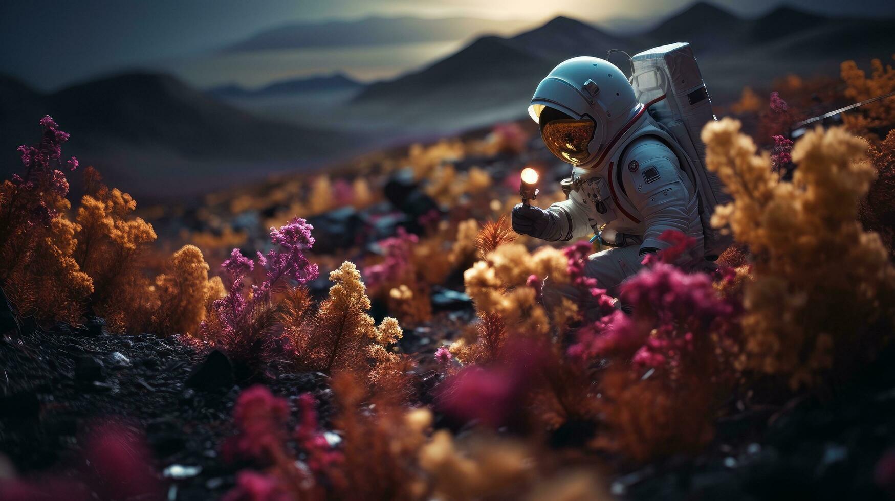 AI generated An astronaut exploring and researching a variety of plants on other planet. Science fiction, Space photo