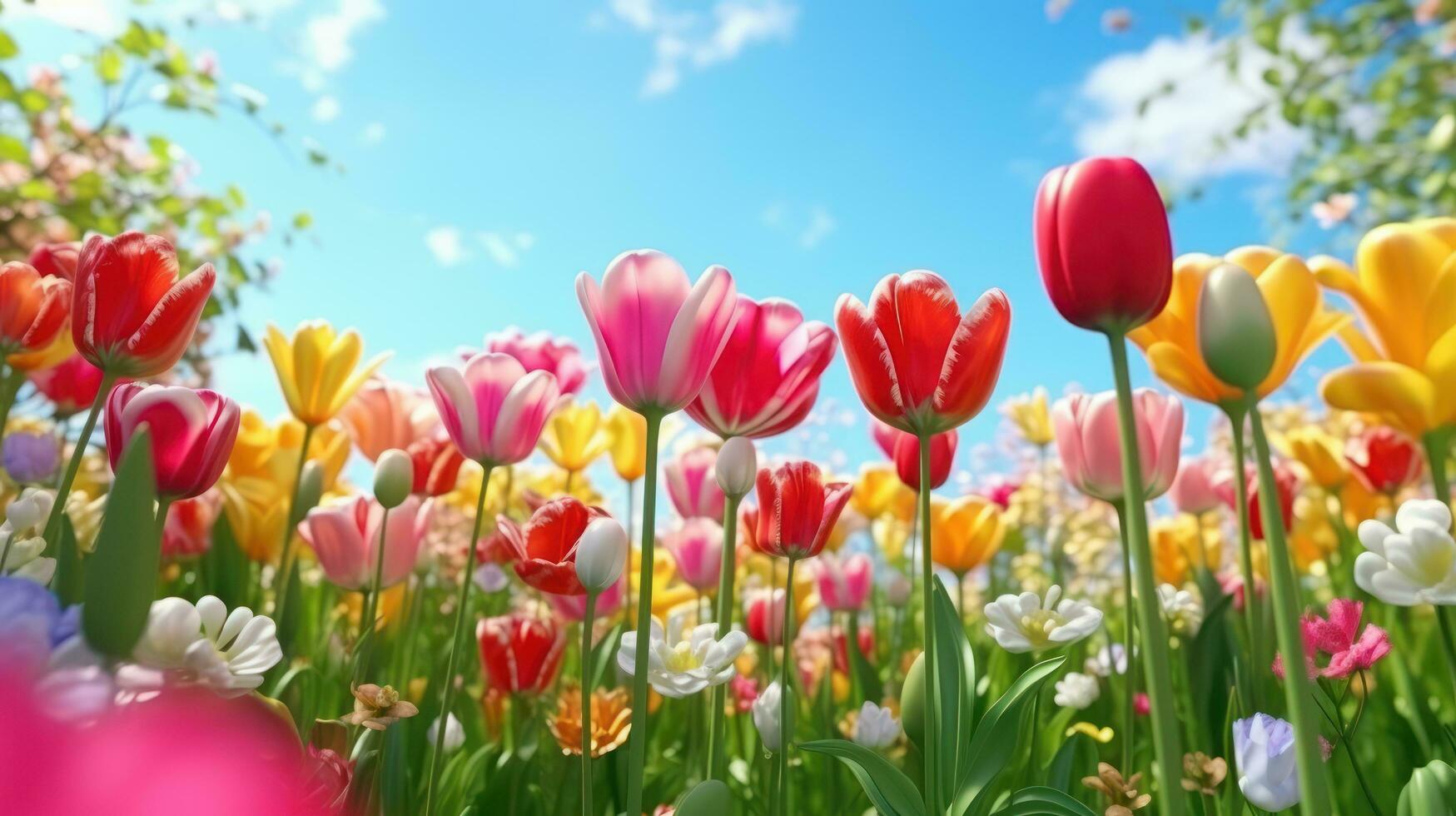 AI generated Beautiful tulip field aesthetic scenery background. Blooming Tulip garnden, Colorful flowers, Spring time photo