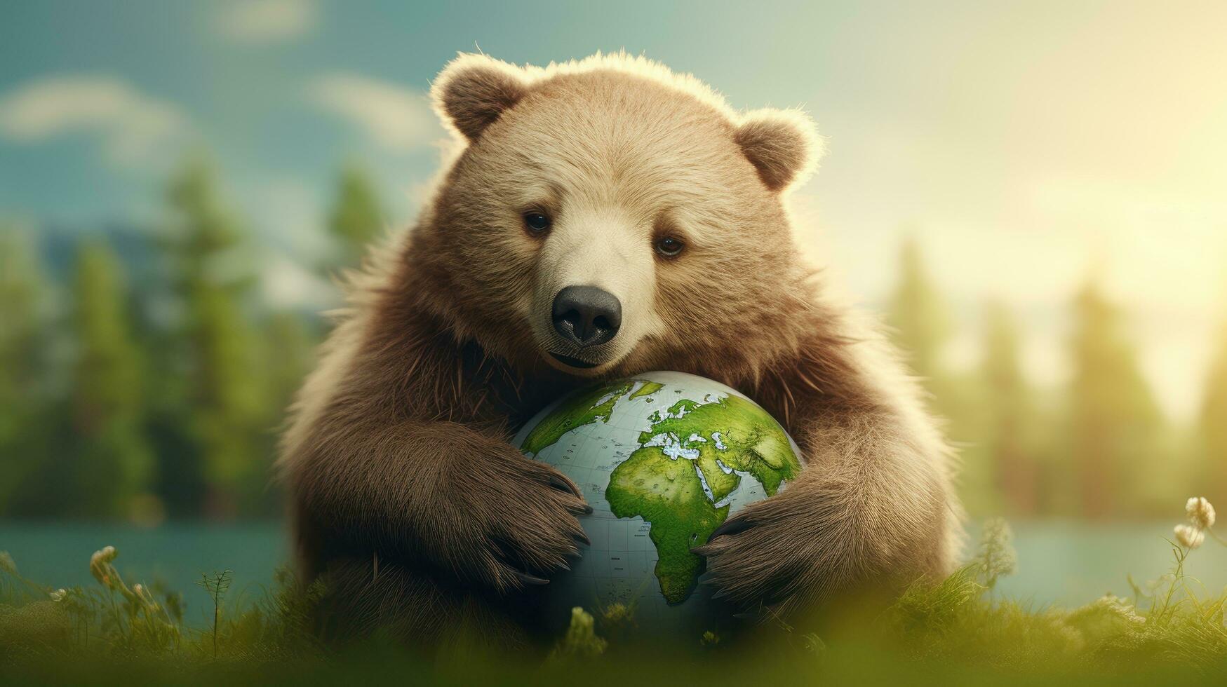 AI generated Bear Hugging Embracing Planet Globe Earth for Nature Protection, Earth Day, World Environment Day, Save th World. Zero Carbon Dioxide Emissions photo