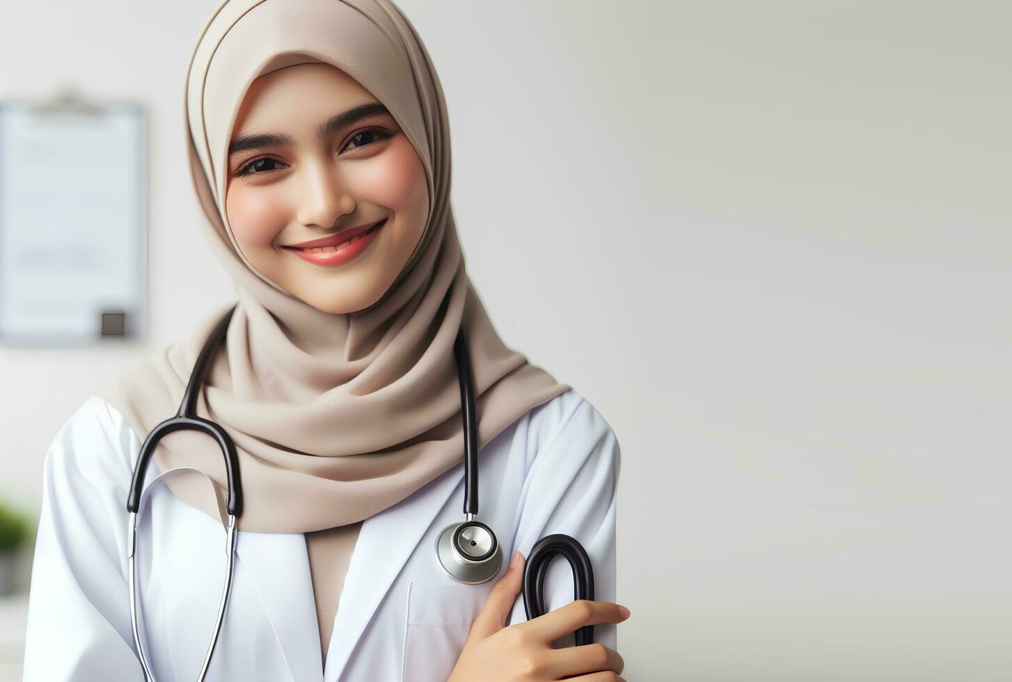 AI generated portrait of a smiling female doctor with stethoscope isolated white background photo