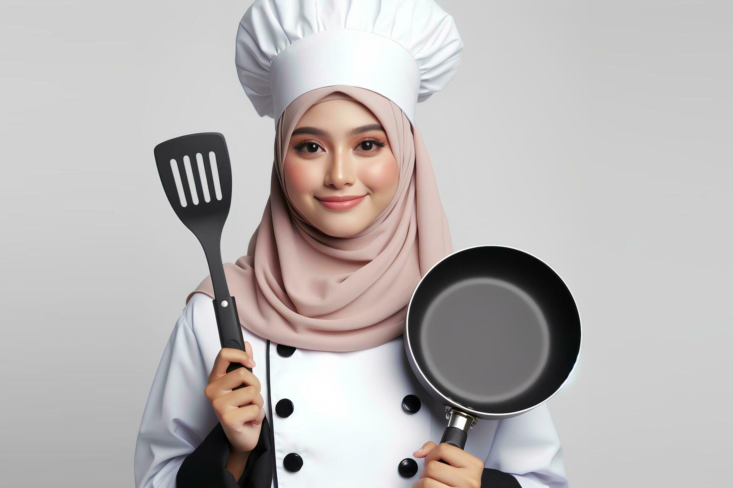 ai generado un asiático hembra cocinero en un hijab participación un espátula en un blanco antecedentes foto