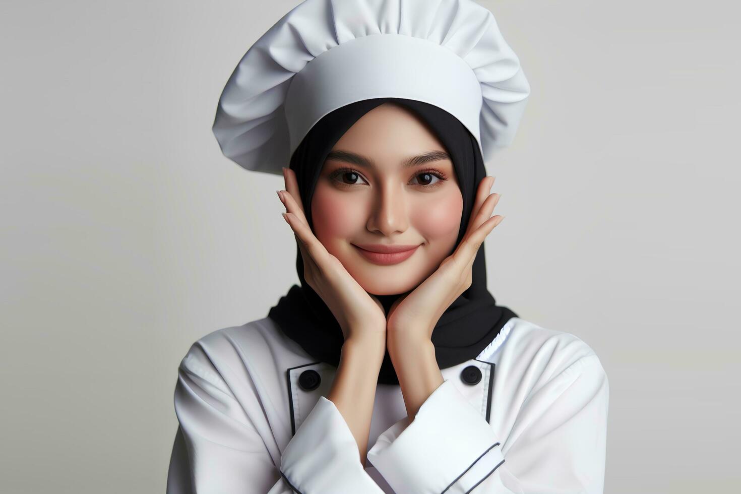 AI generated an Asian female chef wearing a hijab on a white background photo