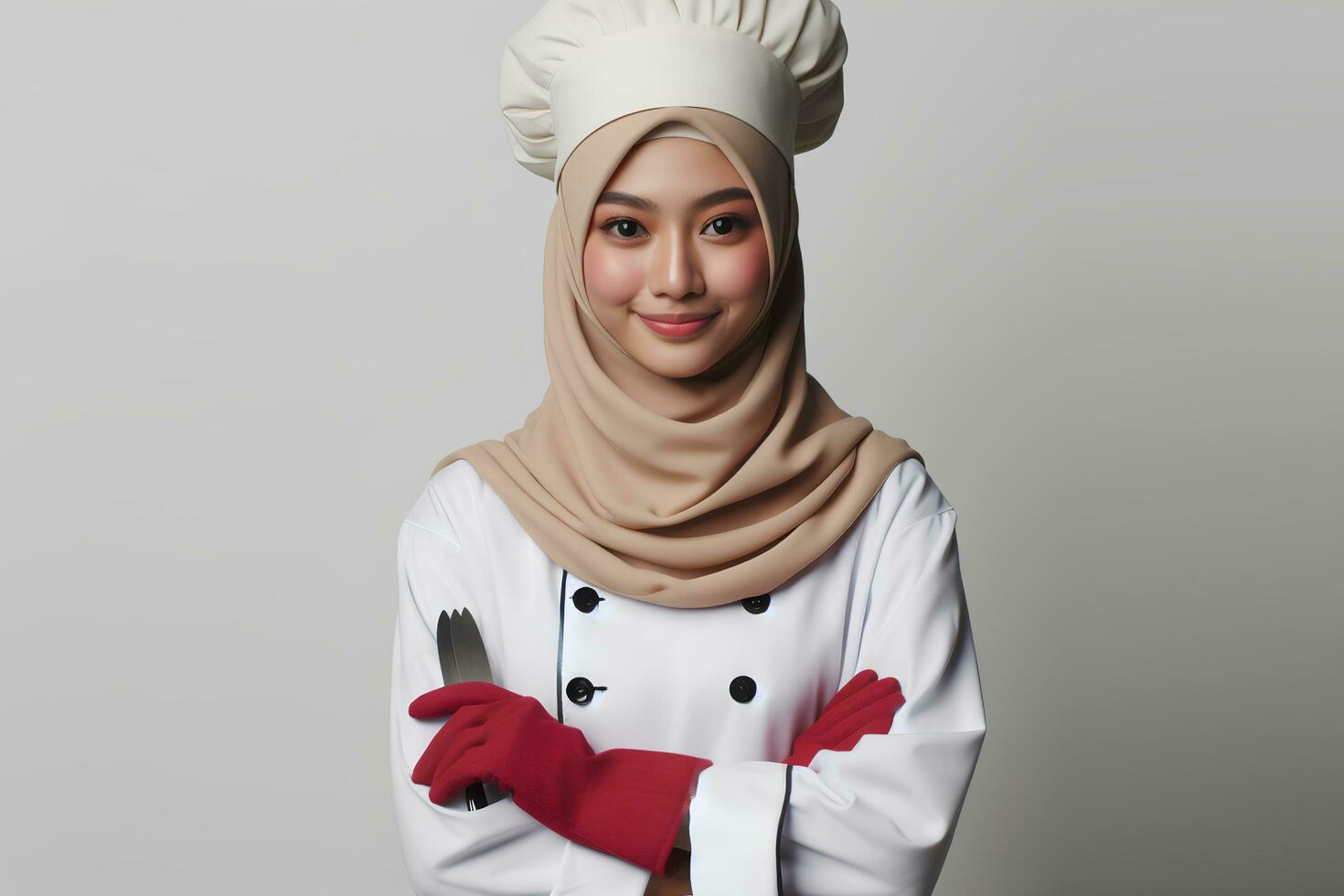 AI generated an Asian female chef wearing a hijab on a white background photo