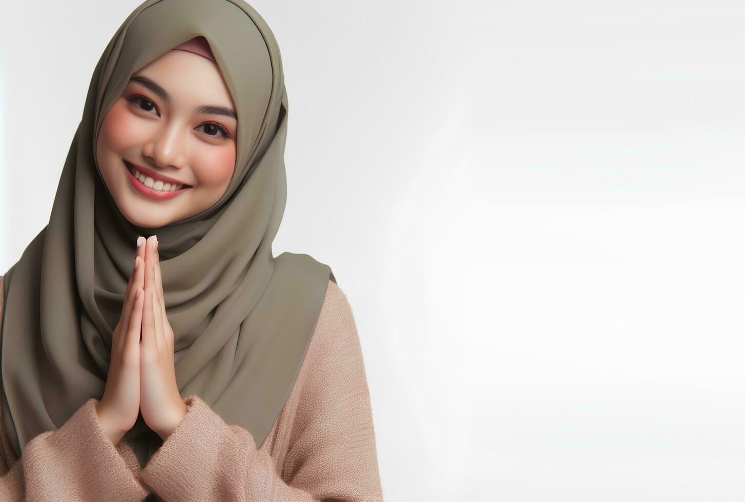 AI generated asian muslim woman in hijab with hands posing isolated white background photo