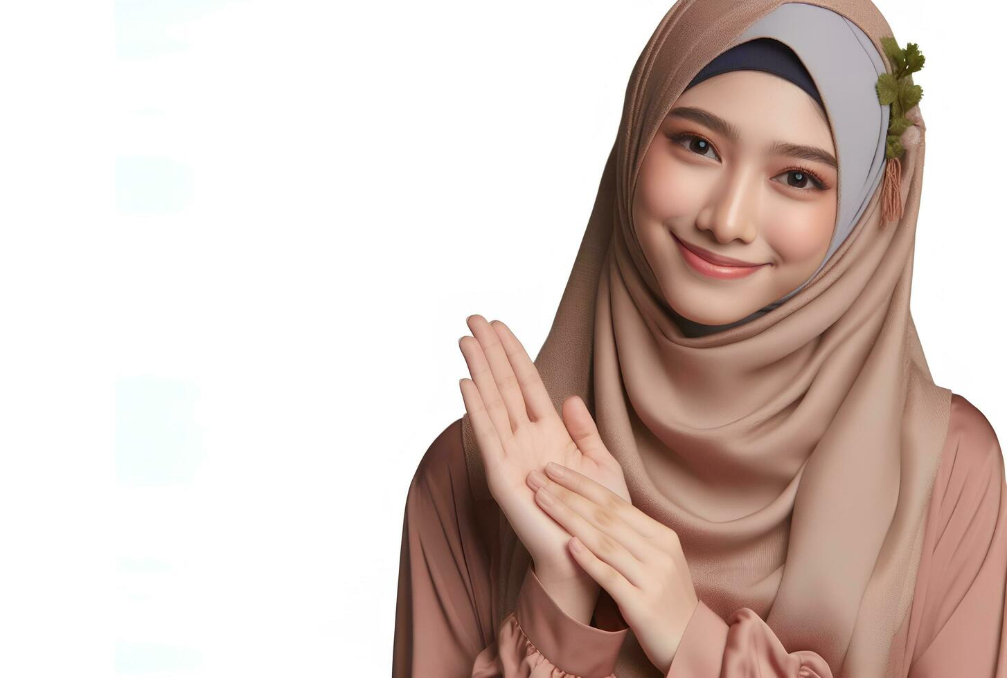 AI generated asian muslim woman in hijab with hands posing isolated white background photo