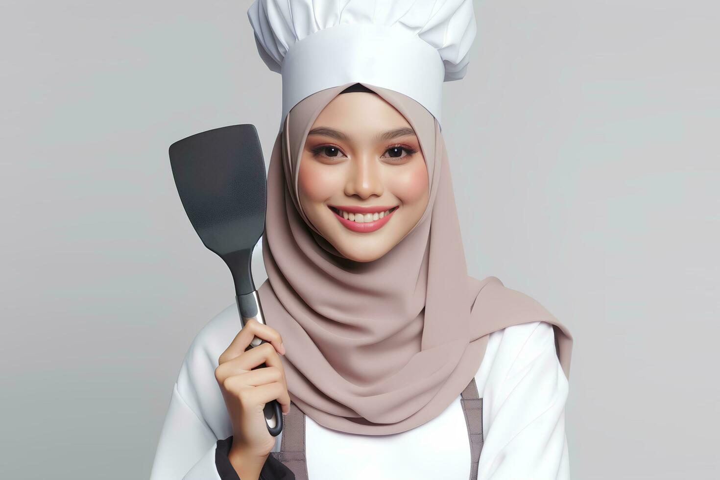 ai generado un asiático hembra cocinero en un hijab participación un espátula en un blanco antecedentes foto