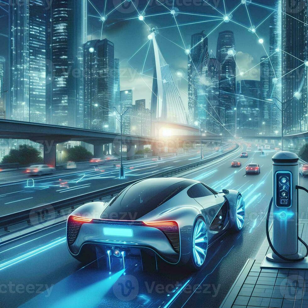 AI generated Highway Network Infrastructure Banner Futuristic Electric Sports Car at Charging Station with Full Self-Driving System and Wide HUD Data Space photo