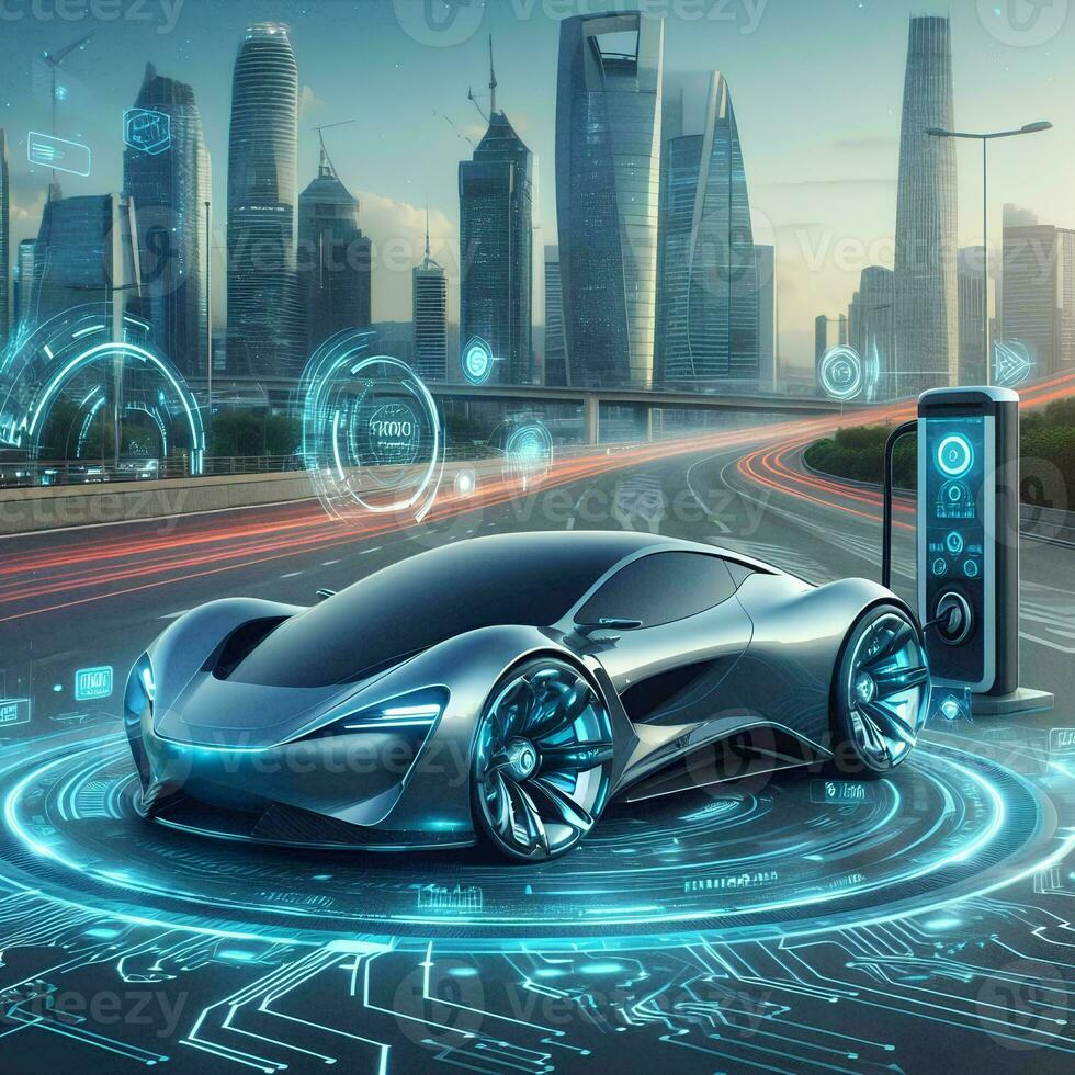 AI generated Highway Network Infrastructure Banner Futuristic Electric Sports Car at Charging Station with Full Self-Driving System and Wide HUD Data Space photo