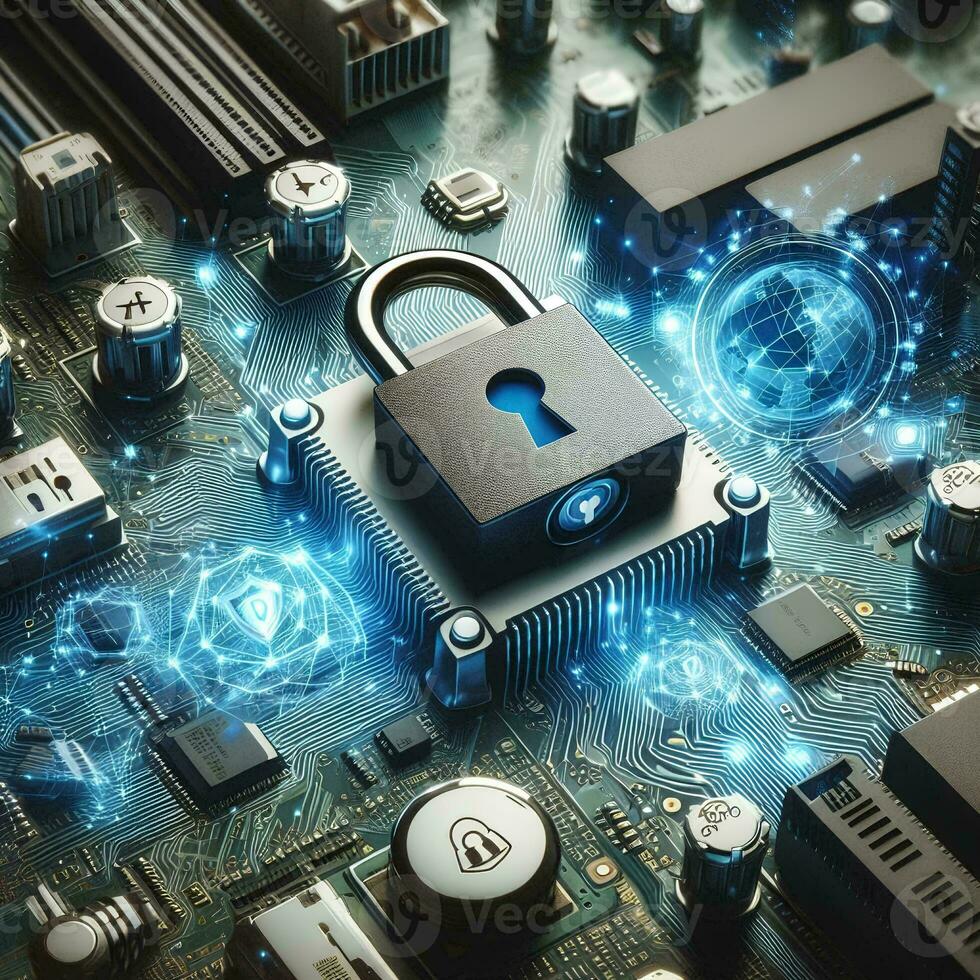AI generated Visualizing Cybersecurity Close Up of Secure Compute Motherboard and Verified Login Credentials with Safety Lock as Banner Design photo