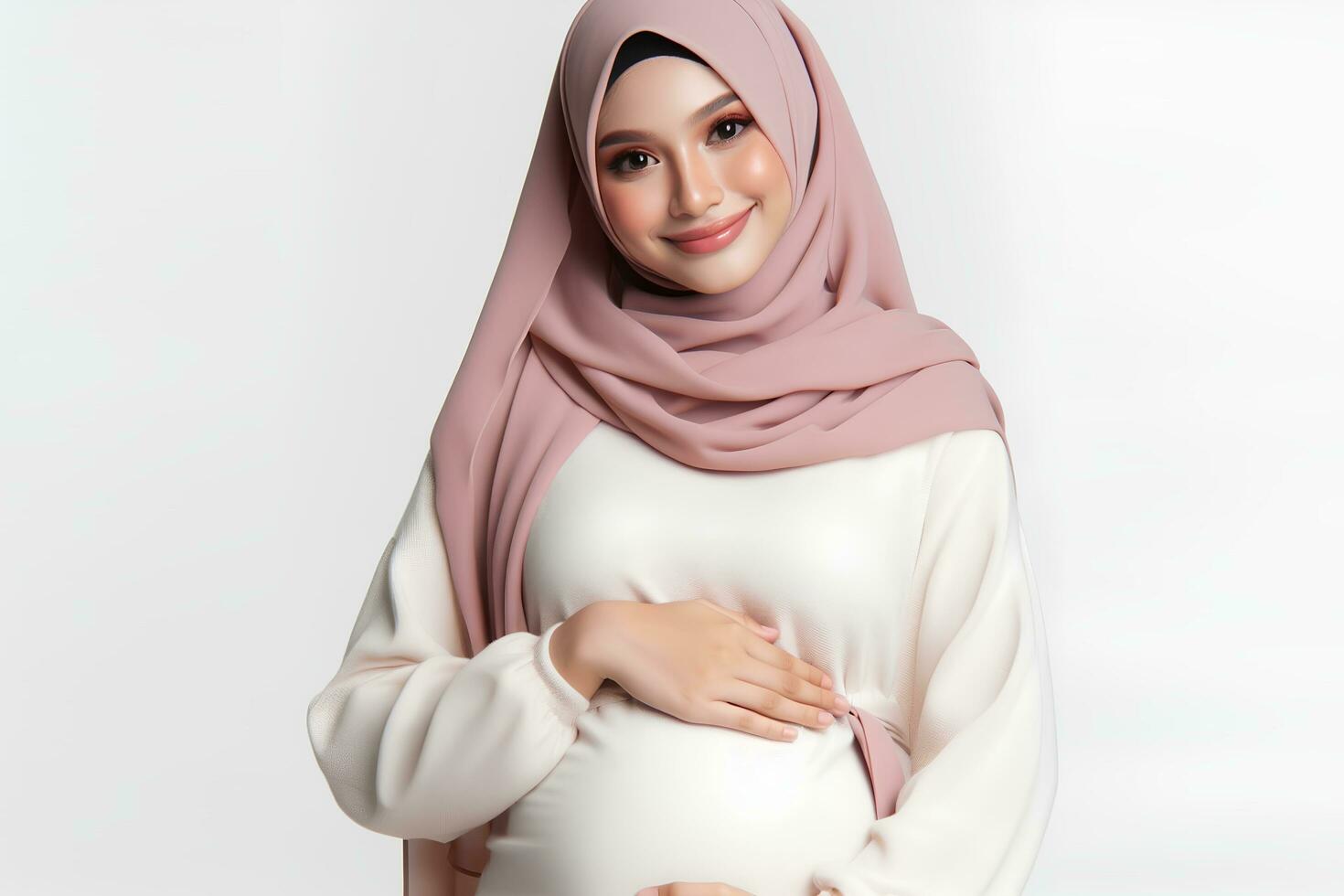 AI generated an asian woman in a hijab with a pregnant belly isolated on a white background photo