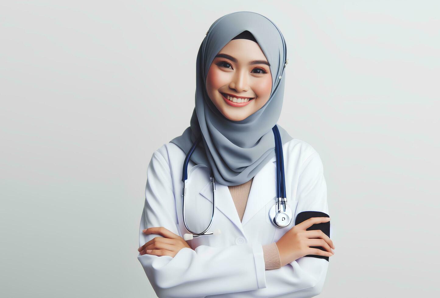 AI generated portrait of a smiling female doctor with stethoscope isolated white background photo