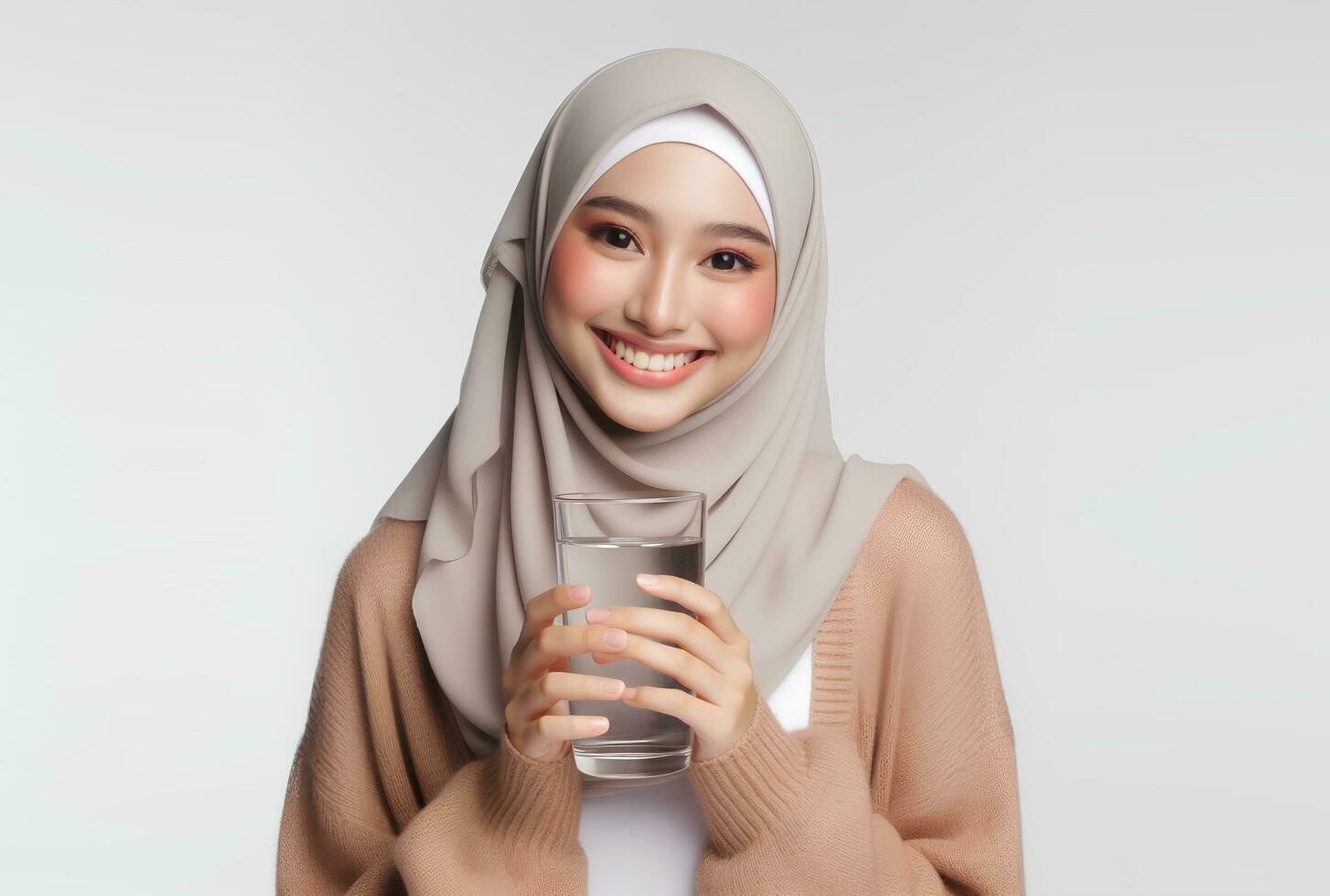 AI generated asian muslim woman in hijab with hand holding glass isolated white background photo