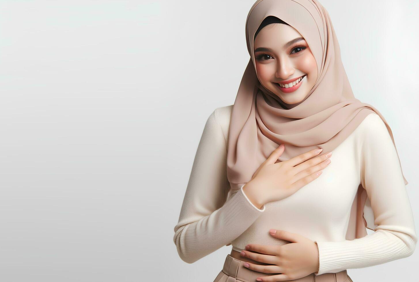 ai generado asiático musulmán mujer en hijab con manos posando aislado blanco antecedentes foto