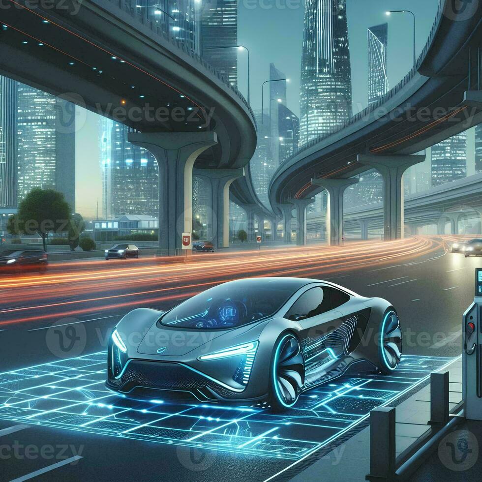 AI generated Highway Network Infrastructure Banner Futuristic Electric Sports Car at Charging Station with Full Self-Driving System and Wide HUD Data Space photo