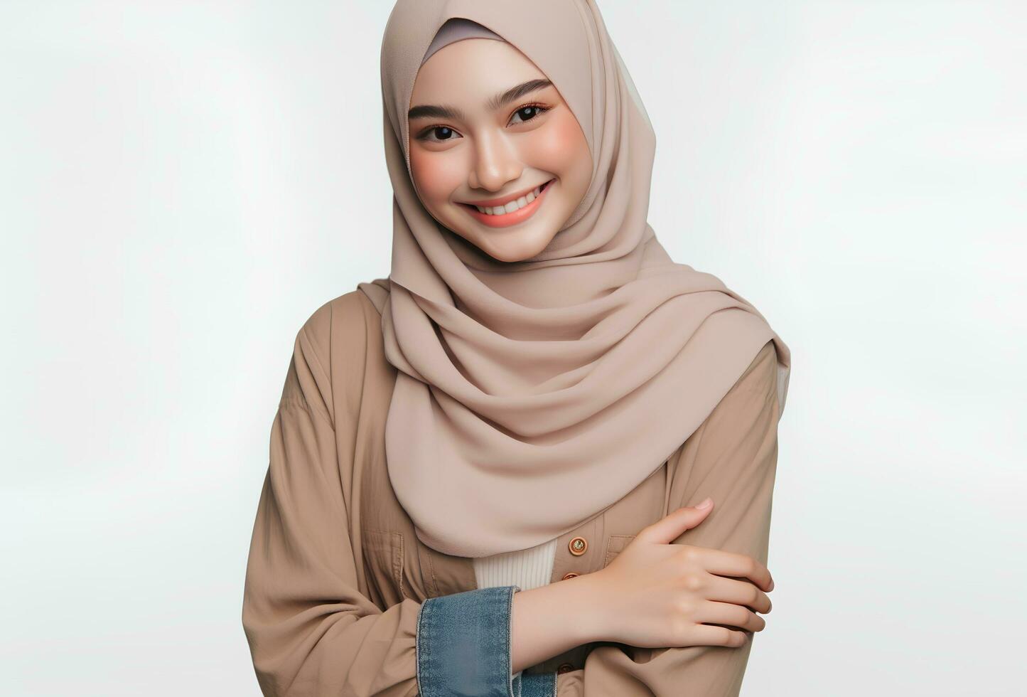 AI generated asian muslim woman in hijab with hands posing isolated white background photo