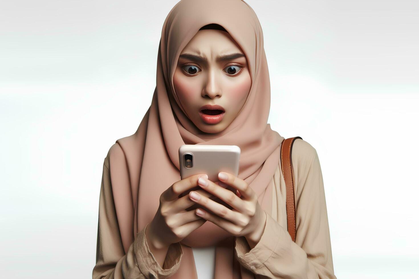 AI generated an asian woman in a hijab holds a smartphone and looks at it with a shocked expression isolated on a white background photo