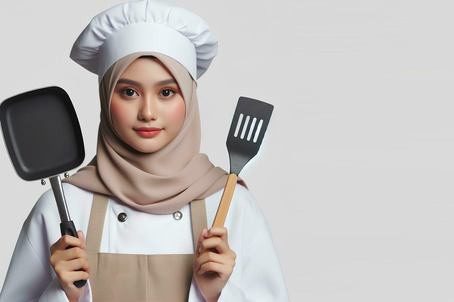 ai generado un asiático hembra cocinero en un hijab participación un espátula en un blanco antecedentes foto