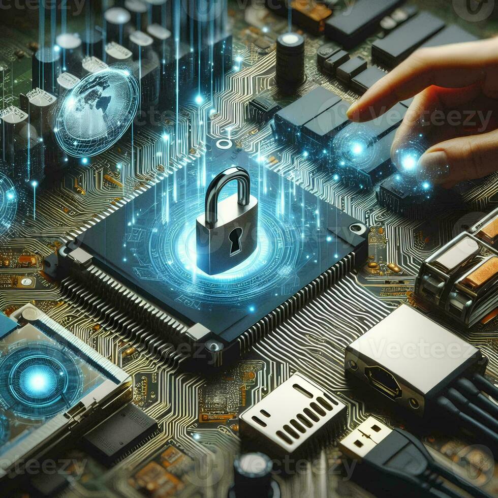 AI generated Visualizing Cybersecurity Close Up of Secure Compute Motherboard and Verified Login Credentials with Safety Lock as Banner Design photo