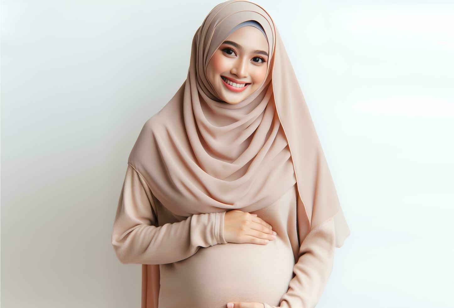AI generated Asian woman in hijab with pose holding pregnant belly and smiling facial expression isolated white background photo