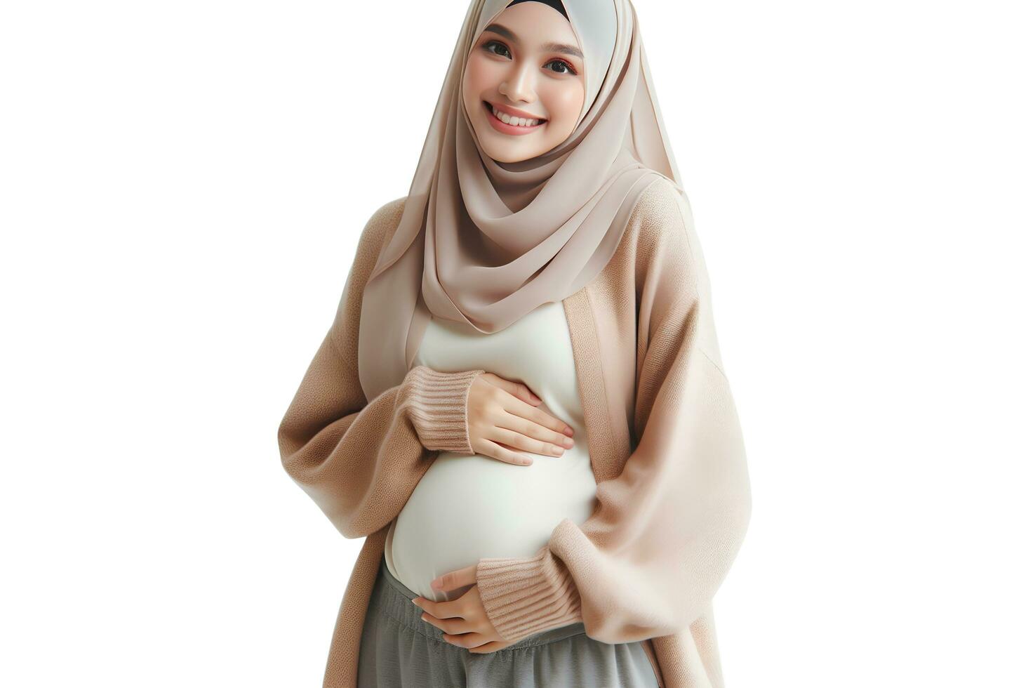 AI generated Asian woman in hijab with pose holding pregnant belly and smiling facial expression isolated white background photo